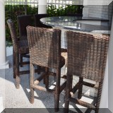 L04. Set of 6 all-weather wicker barstools. 30”h at seat. 